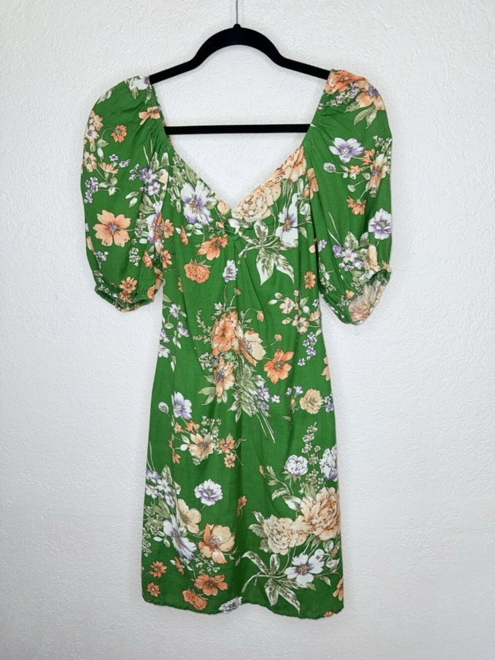 Sim & Sam Dress Linen Blend Floral Medium Babydoll Vacation Green Boho Summer I - Picture 12 of 13